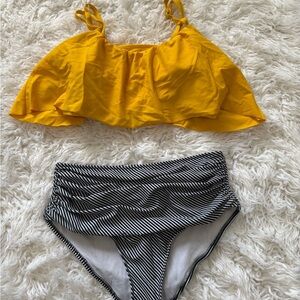 Yellow Ruffle Bikini Top with Striped High-Waist Bottom